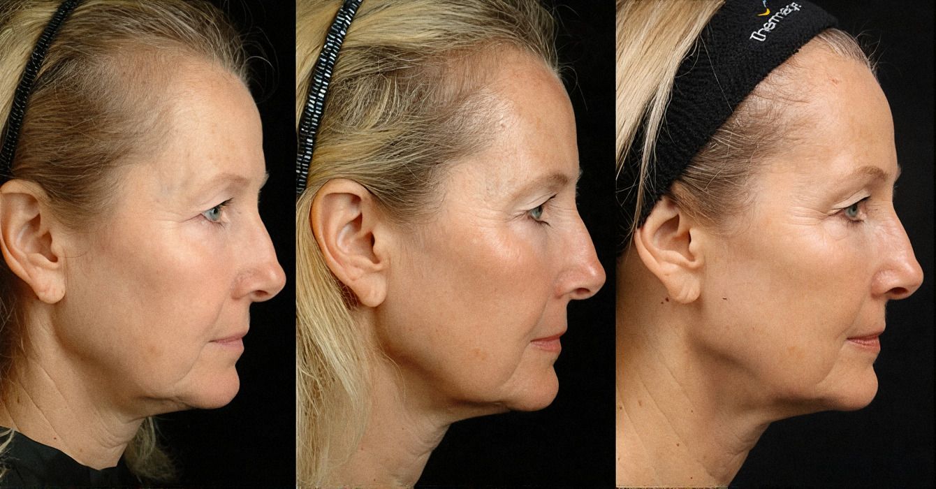 Perfil de una mujer antes, durante y después del tratamiento de radiofrecuencia 3DEEP: óvalo facial más definido