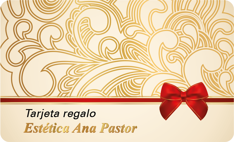 Tarjeta regalo de Estética Ana Pastor, con lazo rojo y fondo dorado